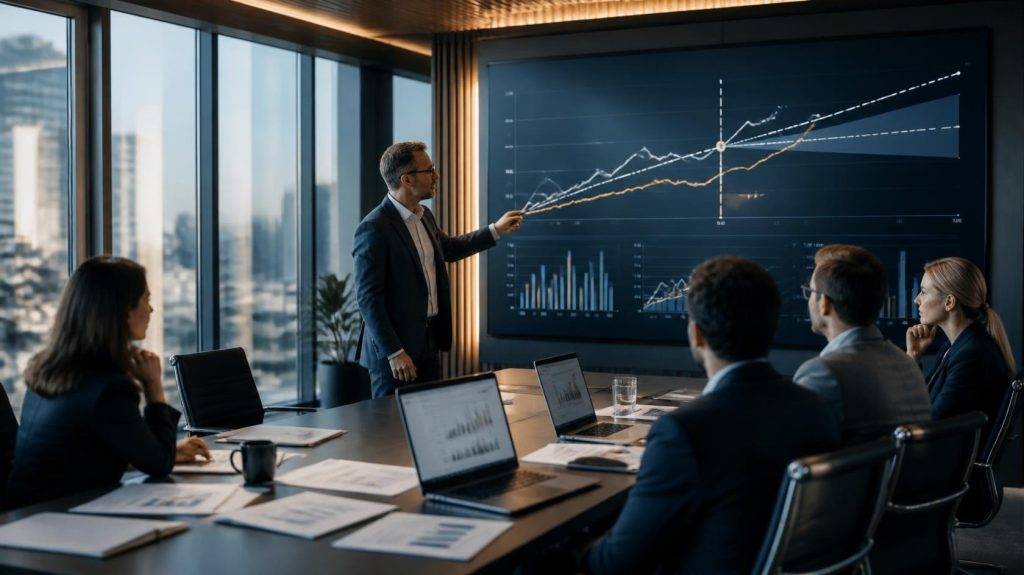 Une équipe financière qui analyse des projections, compare les écarts entre prévisions et réalisé, et anticipe les mois à venir dans une logique de rolling forecast.